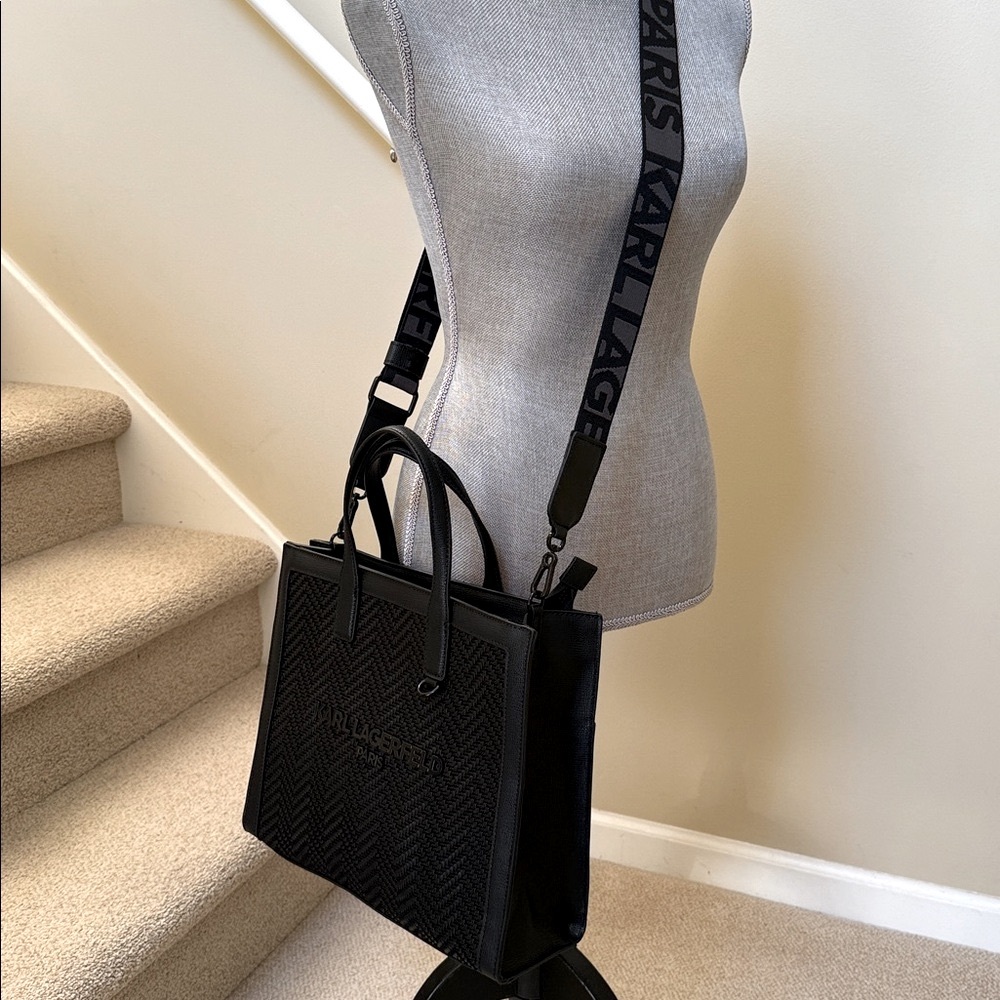 Karl Lagerfeld Paris Stitched Chrevon Black tote/crossbody bag. - Picture 4 of 15